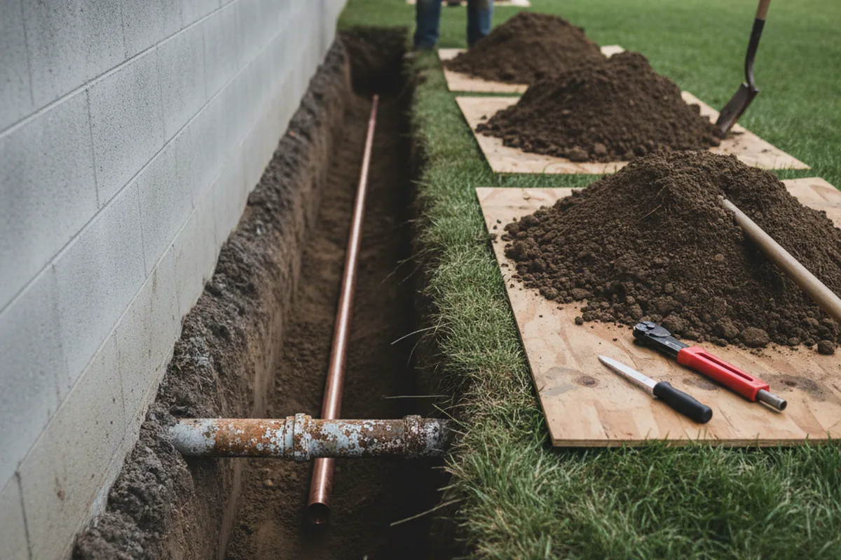 Excavated water line trench during Sewer Line Repair in Cullman